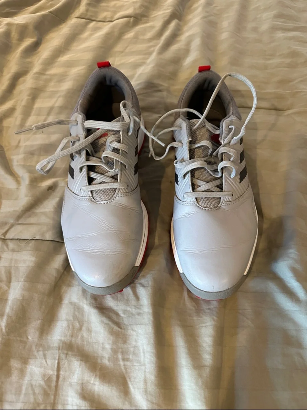 adidas Men’s Gray Athletic Golf Shoes with Red Outsole Accent